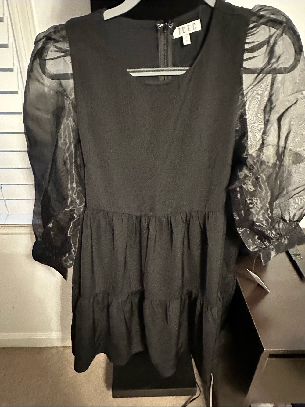 TCEC Black Tiered Dress with Sheer Puff Jacquard Sleeves